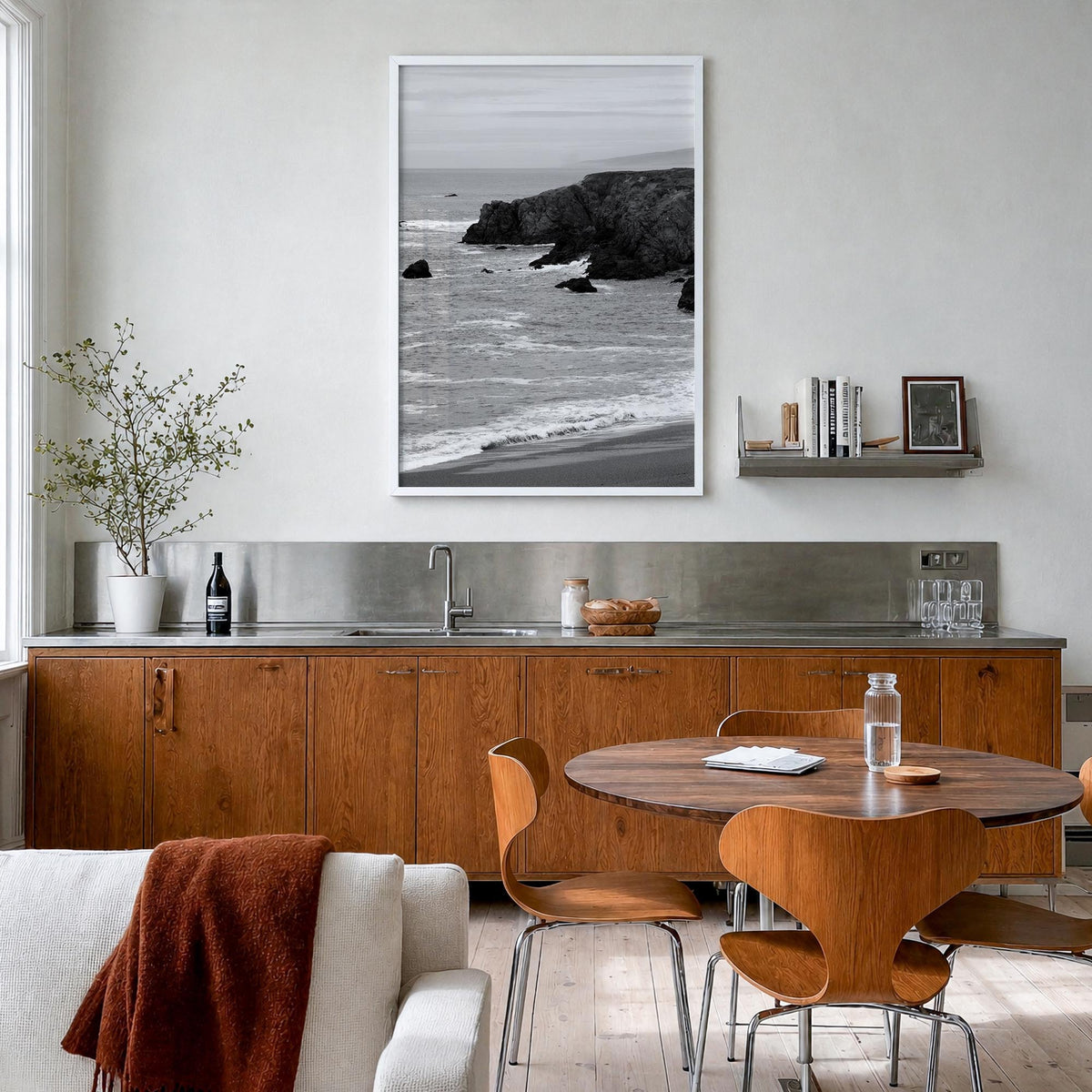 Bodega Bay black & white photo poster of California, USA – vertical wall art in white wood frame, hanging on wall