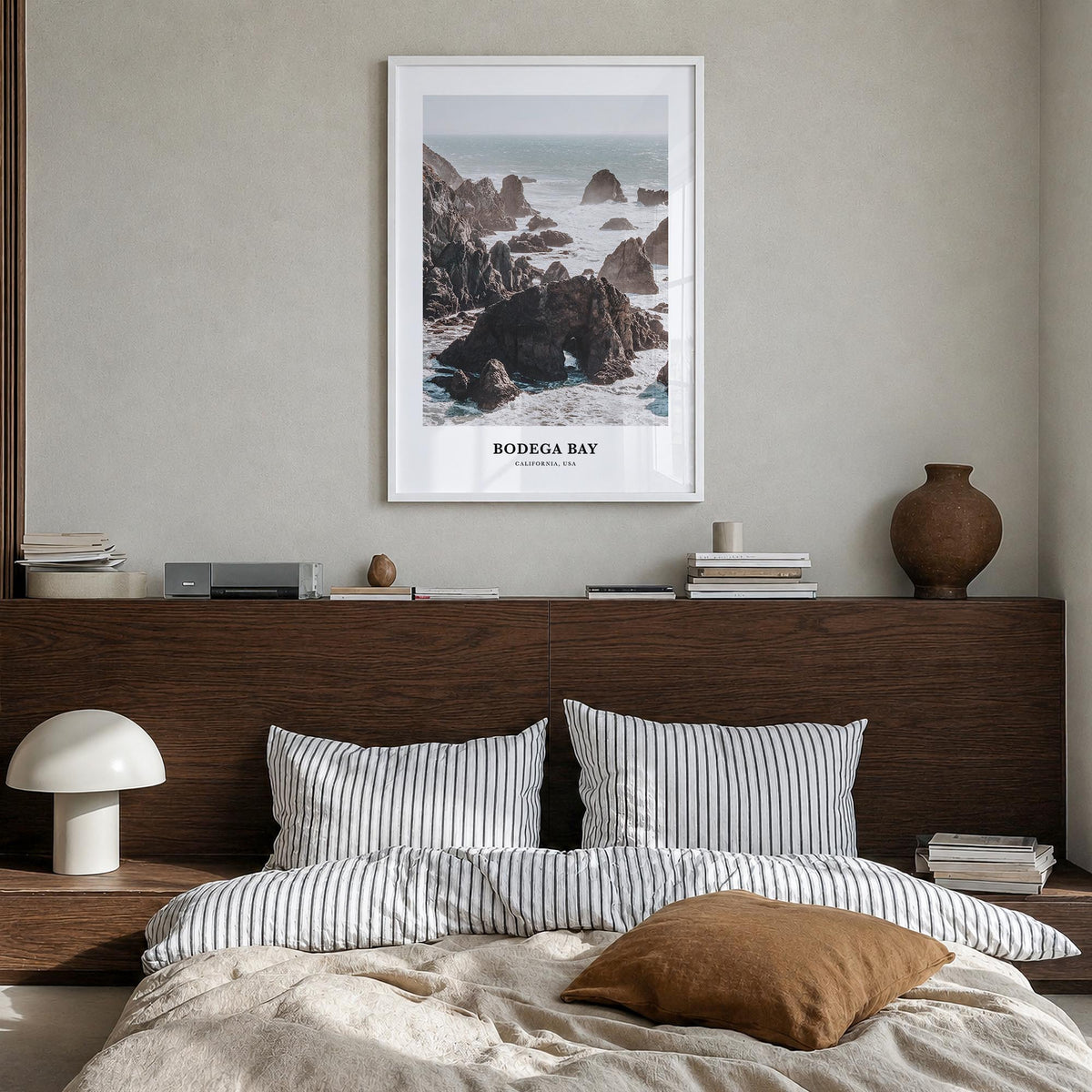 Bodega Bay colorful classic poster of California, USA – vertical wall art in white wood frame, hanging on wall