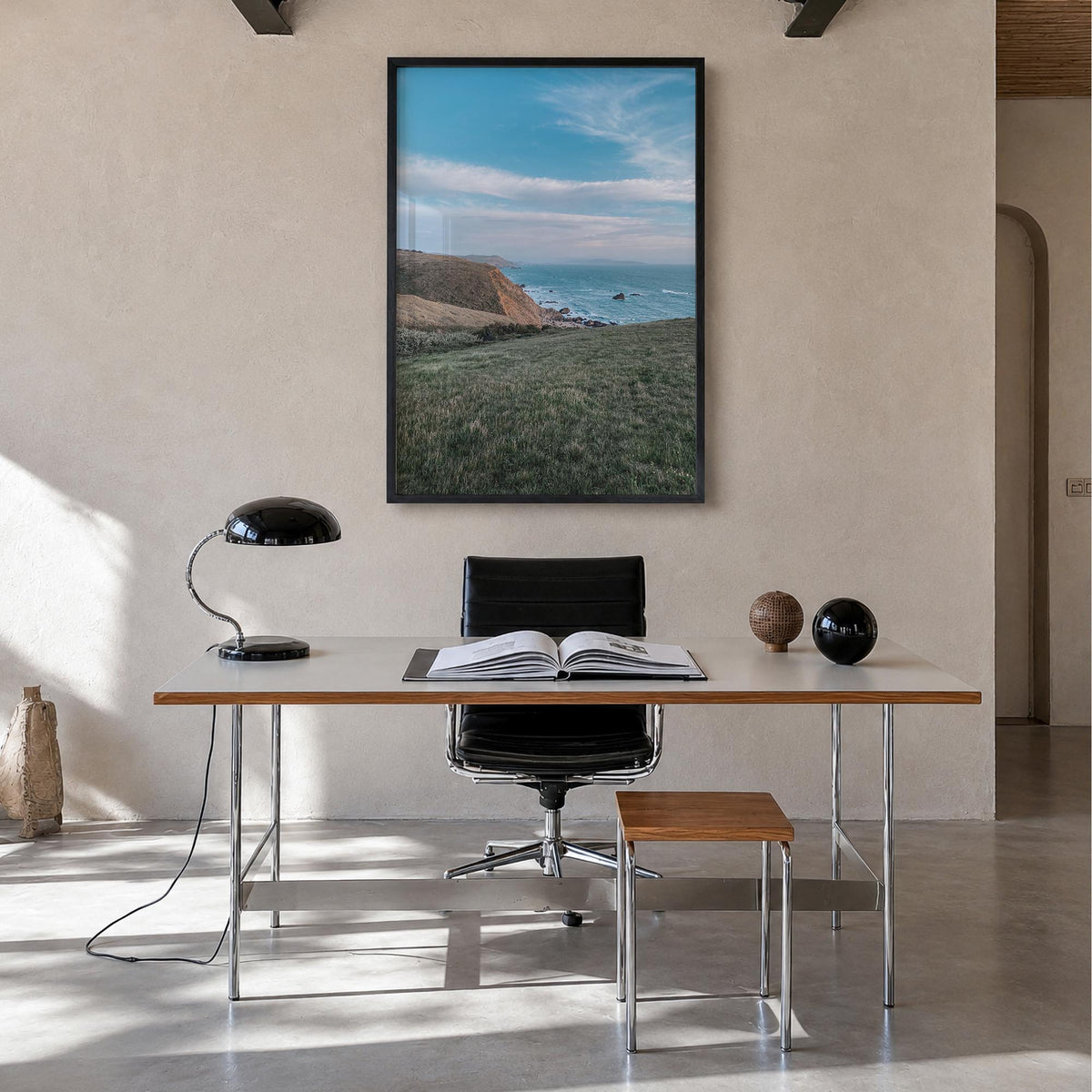 Bodega Bay colorful photo poster of California, USA – vertical wall art in black wood frame, hanging on wall