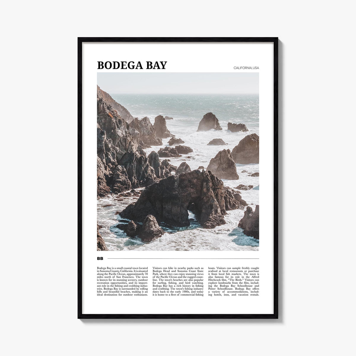 Bodega Bay colorful travel poster of California, USA – vertical wall art, unframed print shown in interior mockup