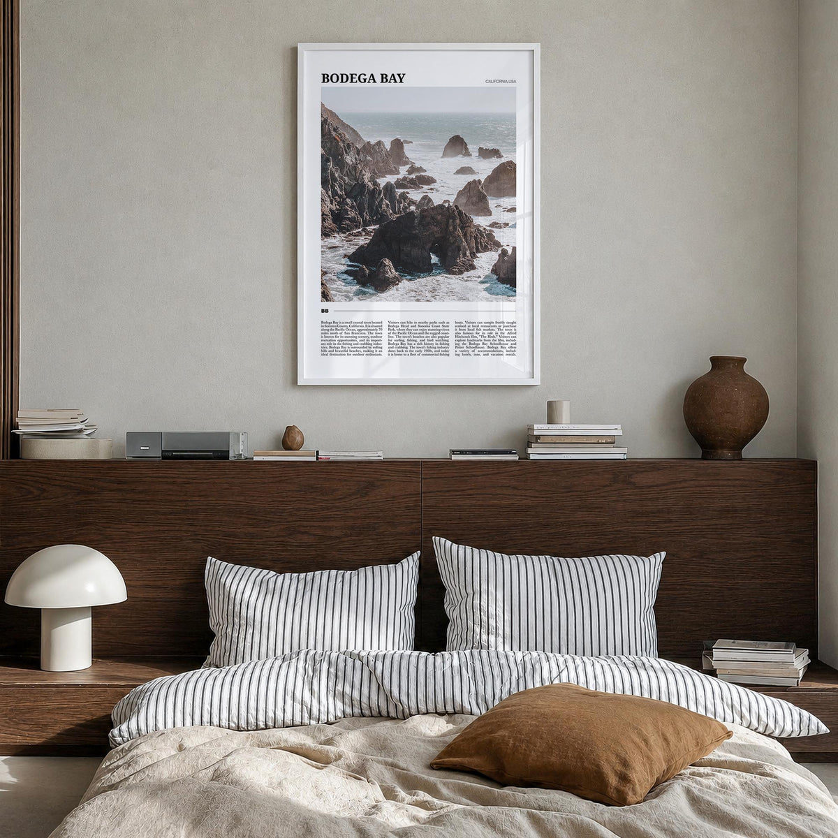 Bodega Bay colorful travel poster of California, USA – vertical wall art in white wood frame, hanging on wall