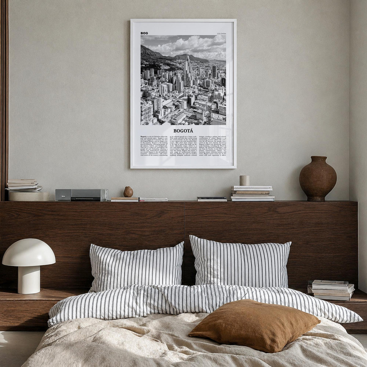 Bogotá no. 1 black & white newspaper poster of Colombia – vertical wall art in white wood frame, hanging on wall