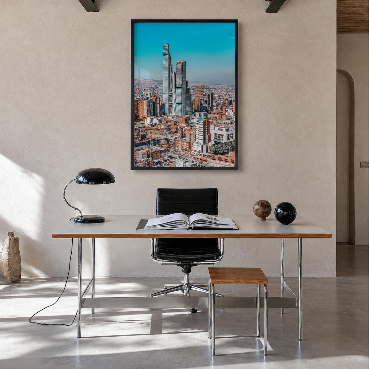 Bogotá no. 1 colorful photo poster of Colombia – vertical wall art in black wood frame, hanging on wall