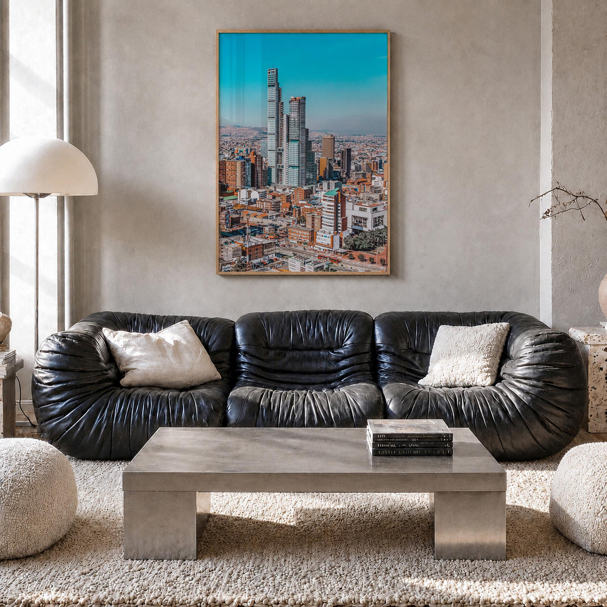 Bogotá no. 1 colorful photo poster of Colombia – vertical wall art in natural wood frame, hanging on wall