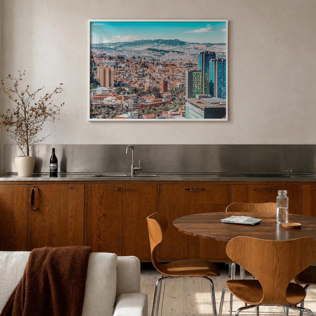 Bogotá no. 1 colorful photo poster of Colombia – horizontal wall art in white wood frame, hanging on wall