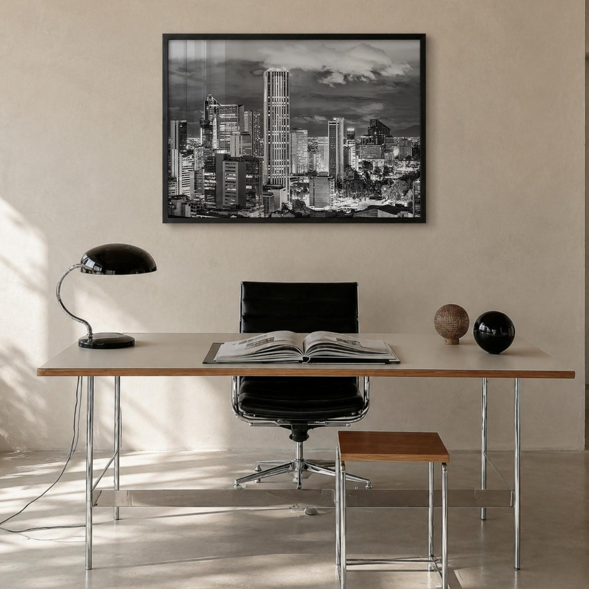 Bogotá no. 2 black & white photo poster of Colombia – horizontal wall art in black wood frame, hanging on wall