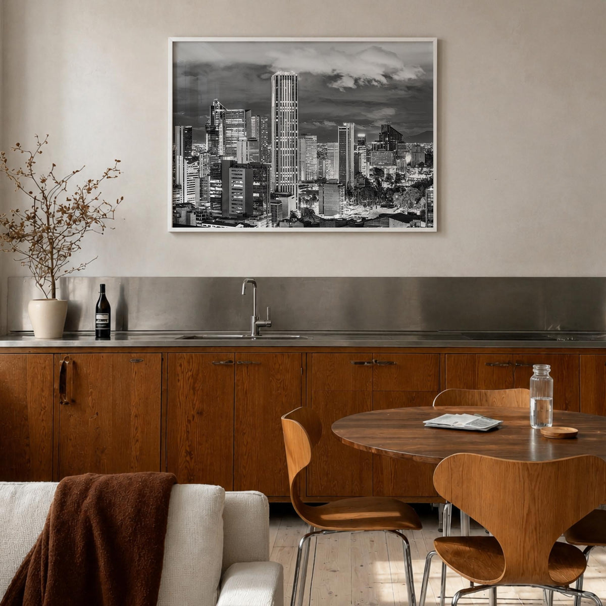 Bogotá no. 2 black & white photo poster of Colombia – horizontal wall art in white wood frame, hanging on wall