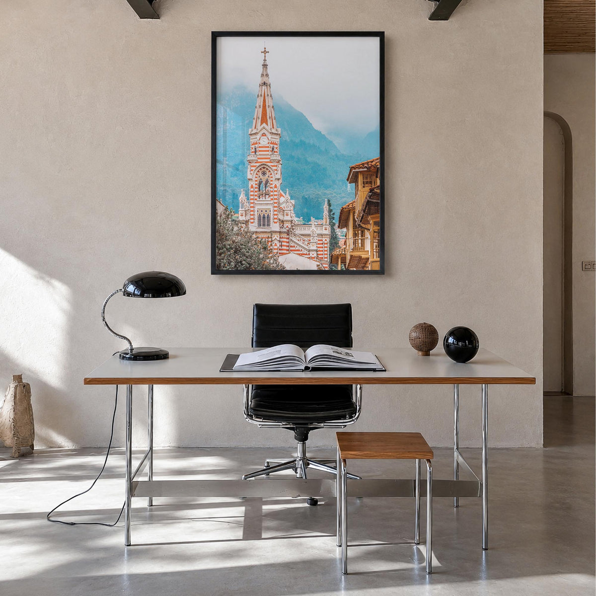 Bogotá no. 2 colorful photo poster of Colombia – vertical wall art in black wood frame, hanging on wall