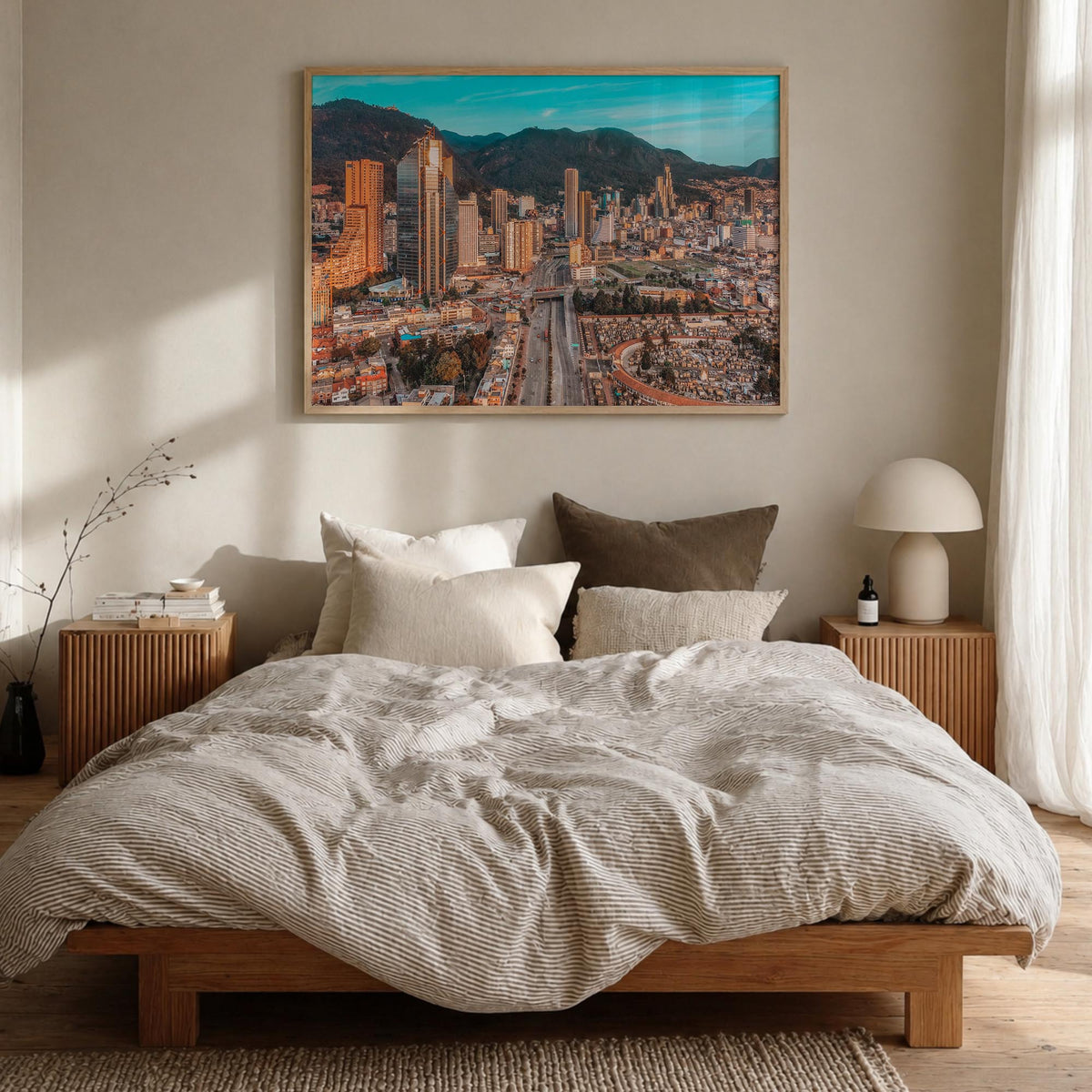 Bogotá no. 2 colorful photo poster of Colombia – horizontal wall art in natural wood frame, hanging on wall