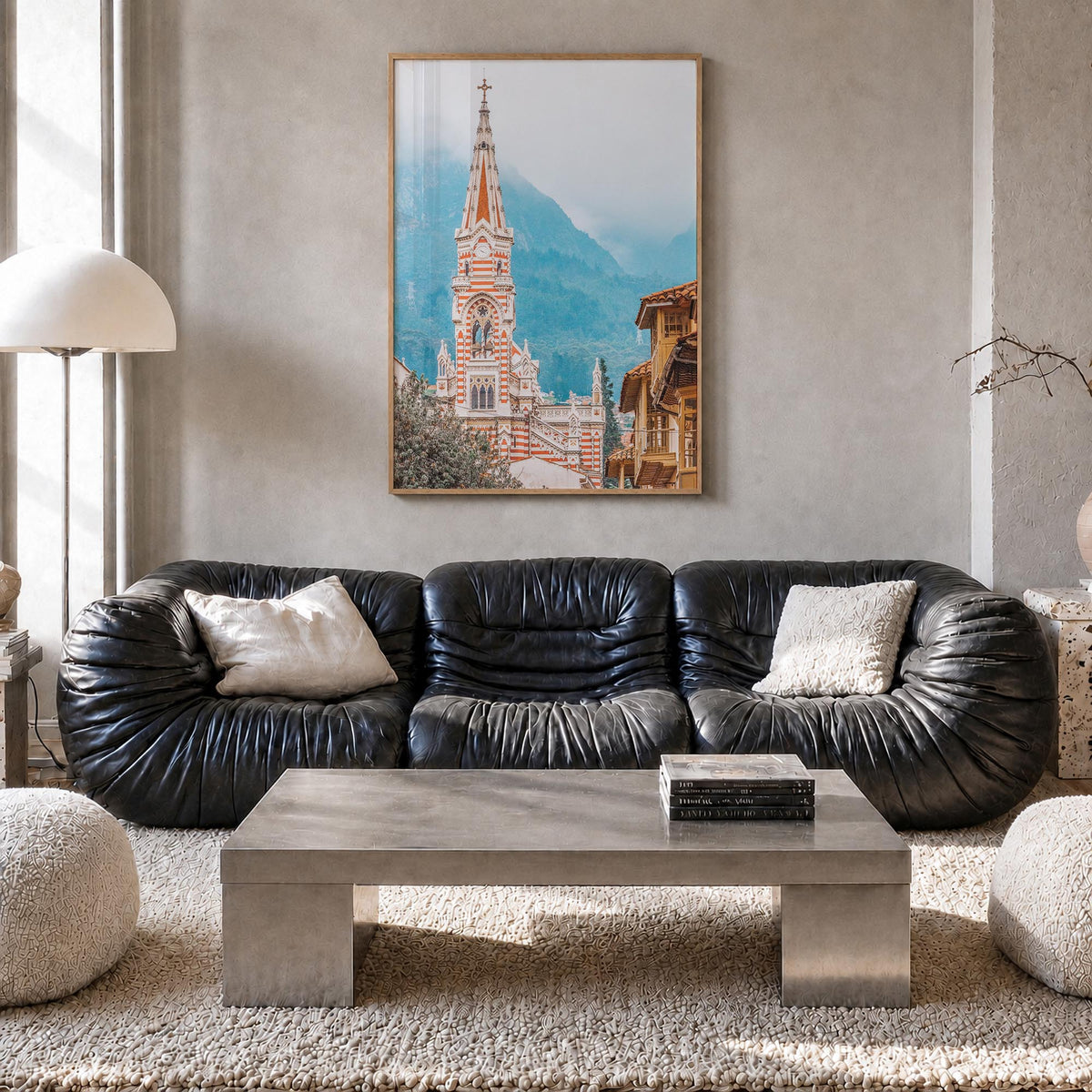 Bogotá no. 2 colorful photo poster of Colombia – vertical wall art in natural wood frame, hanging on wall