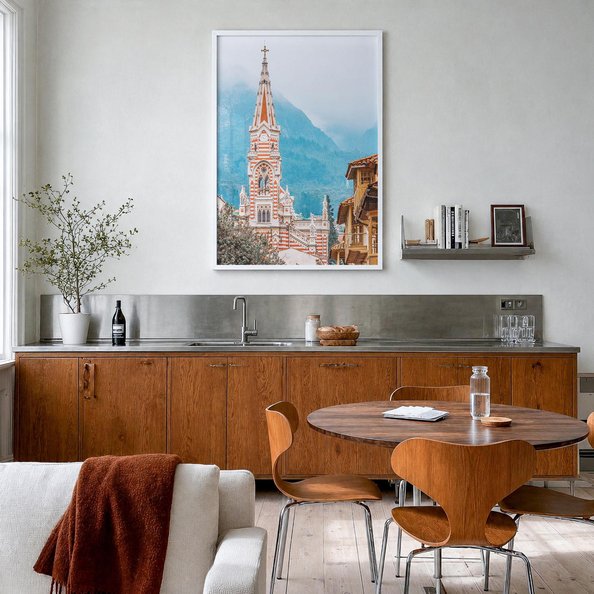 Bogotá no. 2 colorful photo poster of Colombia – vertical wall art in white wood frame, hanging on wall