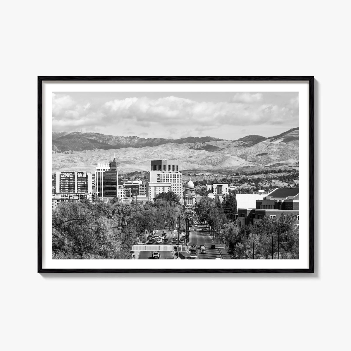 Boise black & white photo poster of Idaho, USA – horizontal wall art, unframed print shown in interior mockup
