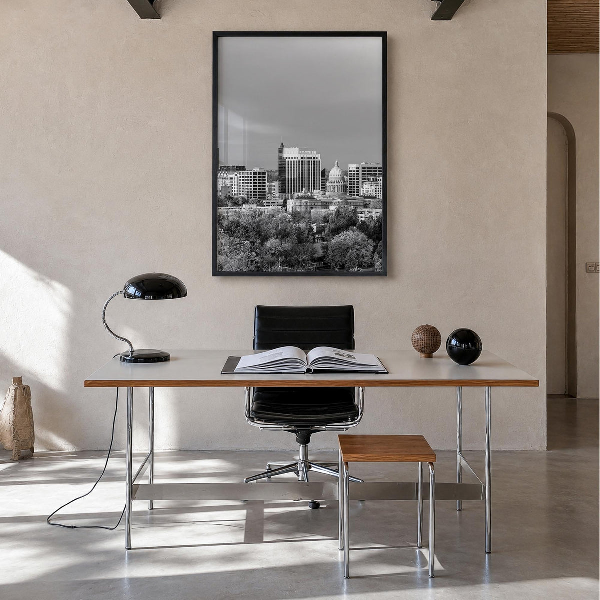 Boise no. 1 black & white photo poster of Idaho, USA – vertical wall art in black wood frame, hanging on wall