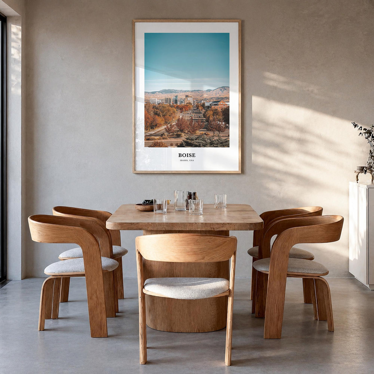Boise no. 1 colorful classic poster of Idaho, USA – vertical wall art in natural wood frame, hanging on wall