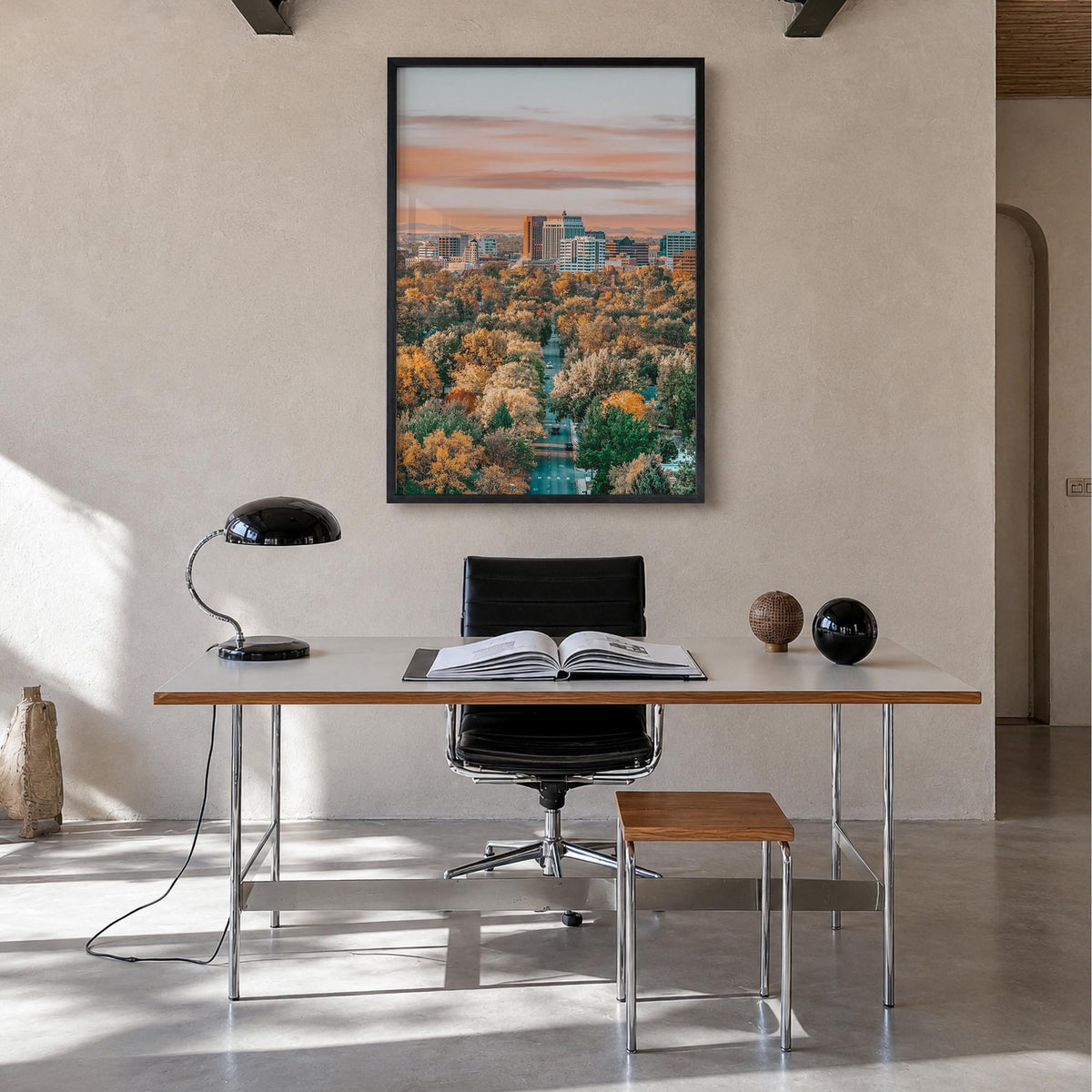 Boise no. 1 colorful photo poster of Idaho, USA – vertical wall art in black wood frame, hanging on wall