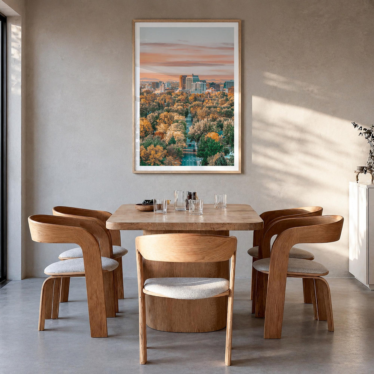 Boise no. 1 colorful photo poster of Idaho, USA – vertical wall art in natural wood frame with white border, hanging on wall