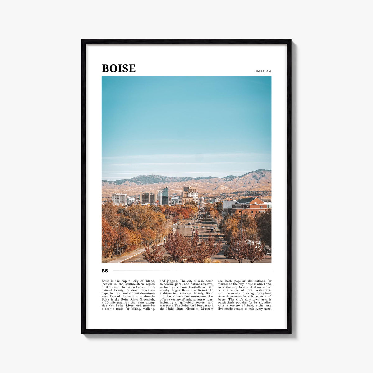 Boise no. 1 colorful travel poster of Idaho, USA – vertical wall art, unframed print shown in interior mockup