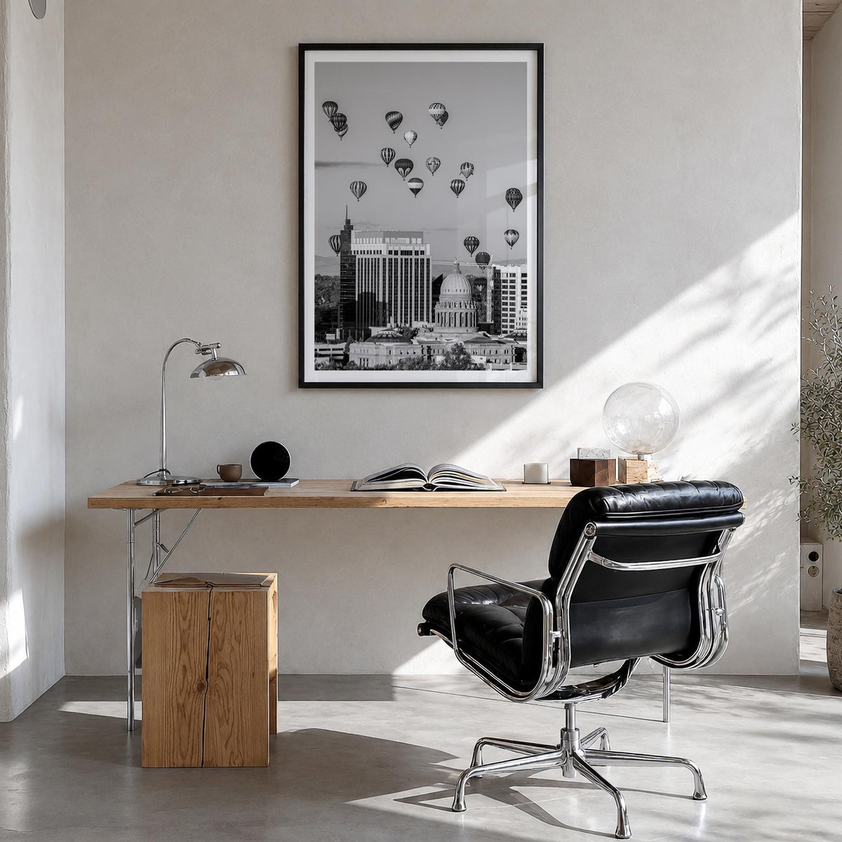 Boise no. 2 black & white photo poster of Idaho, USA – vertical wall art in black wood frame with white border, hanging on wa