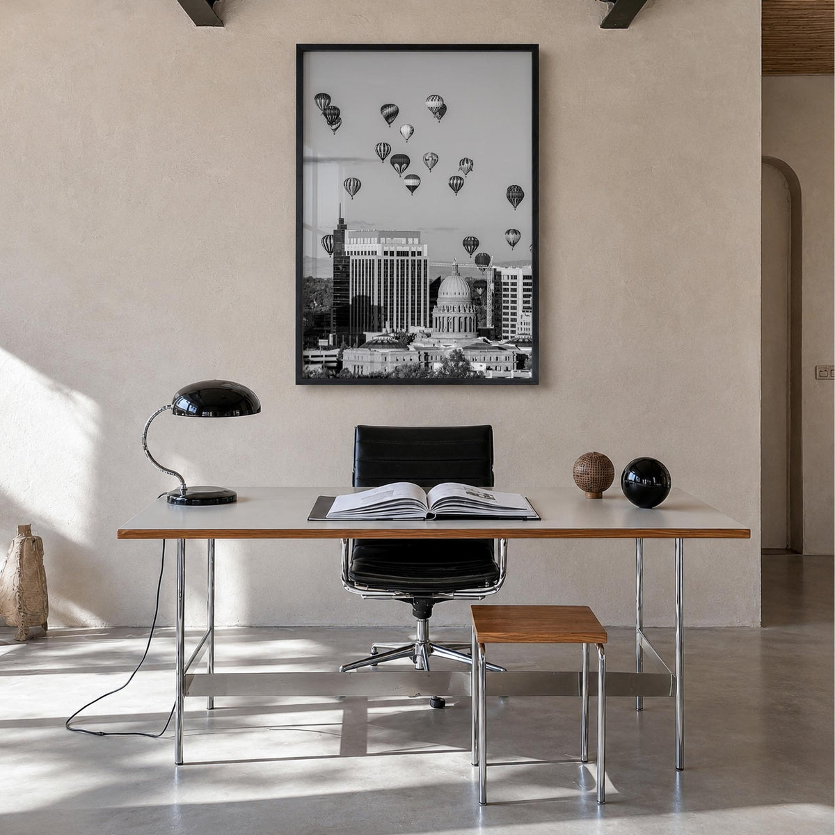 Boise no. 2 black & white photo poster of Idaho, USA – vertical wall art in black wood frame, hanging on wall