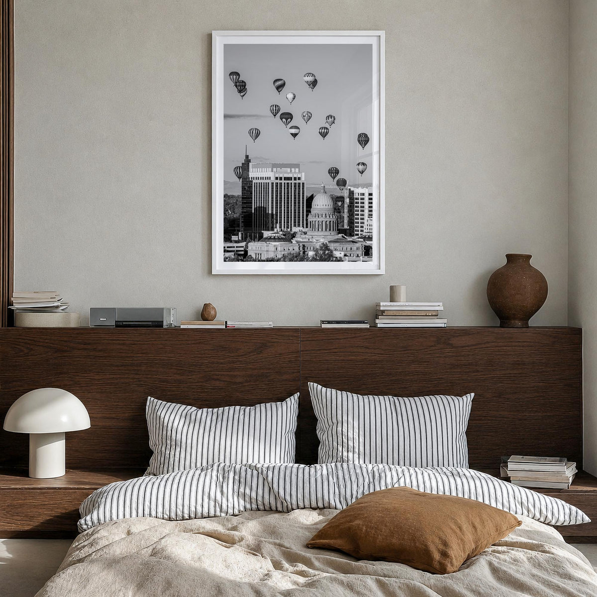 Boise no. 2 black & white photo poster of Idaho, USA – vertical wall art in white wood frame with white border, hanging on wa