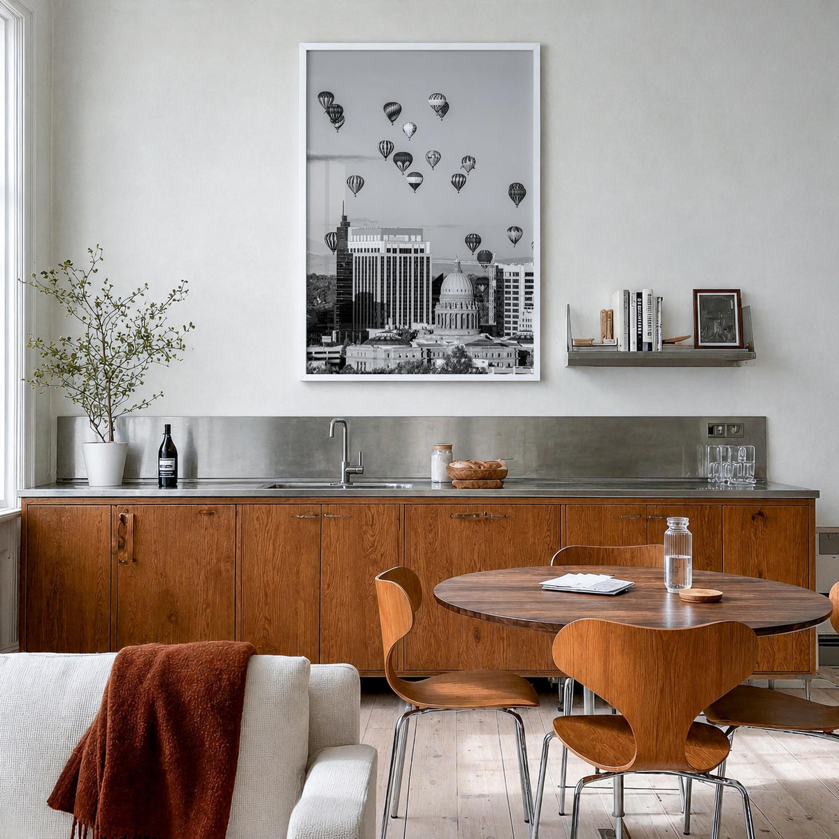 Boise no. 2 black & white photo poster of Idaho, USA – vertical wall art in white wood frame, hanging on wall