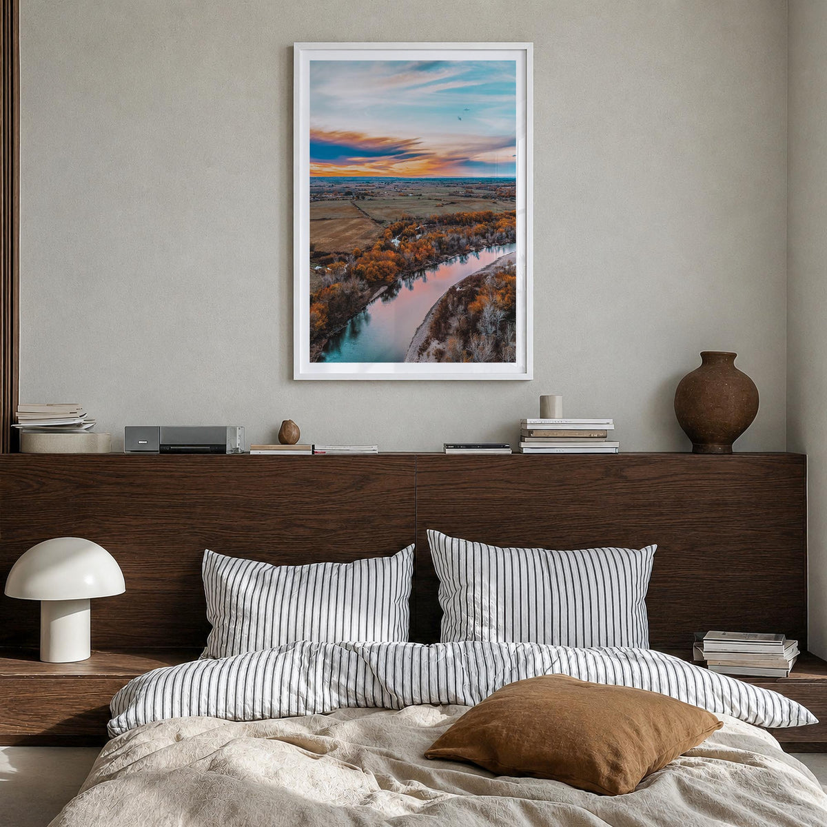 Boise no. 2 colorful photo poster of Idaho, USA – vertical wall art in white wood frame with white border, hanging on wall