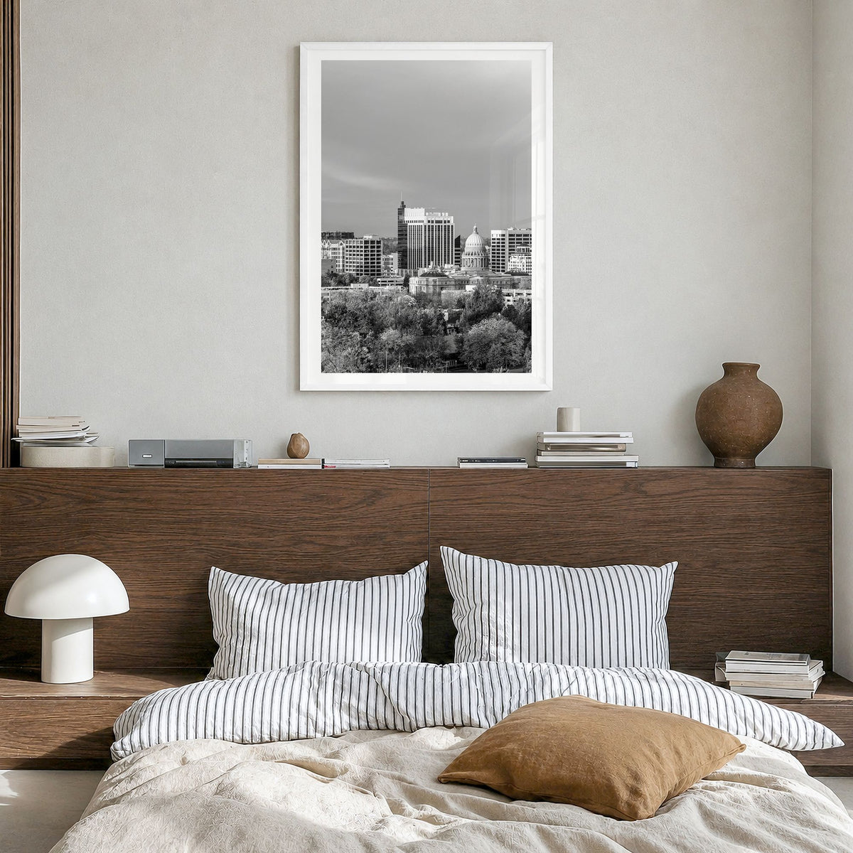 Boise Photo No 1 Poster in a white wood frame, hanging in a bedroom, white border