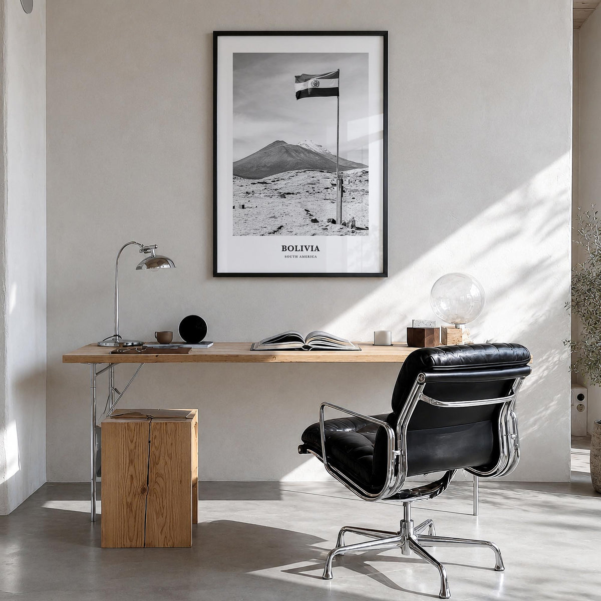 Bolivia black & white classic poster of South America – vertical wall art in black wood frame, hanging on wall