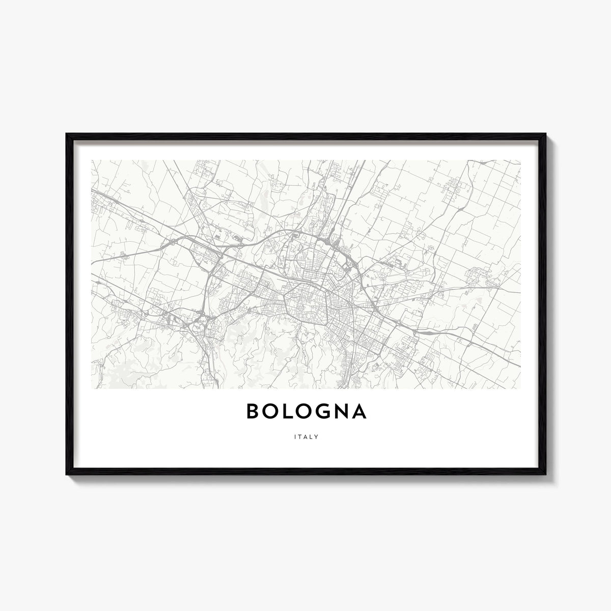 Bologna black & white map poster of Italy – horizontal wall art, unframed print shown in interior mockup