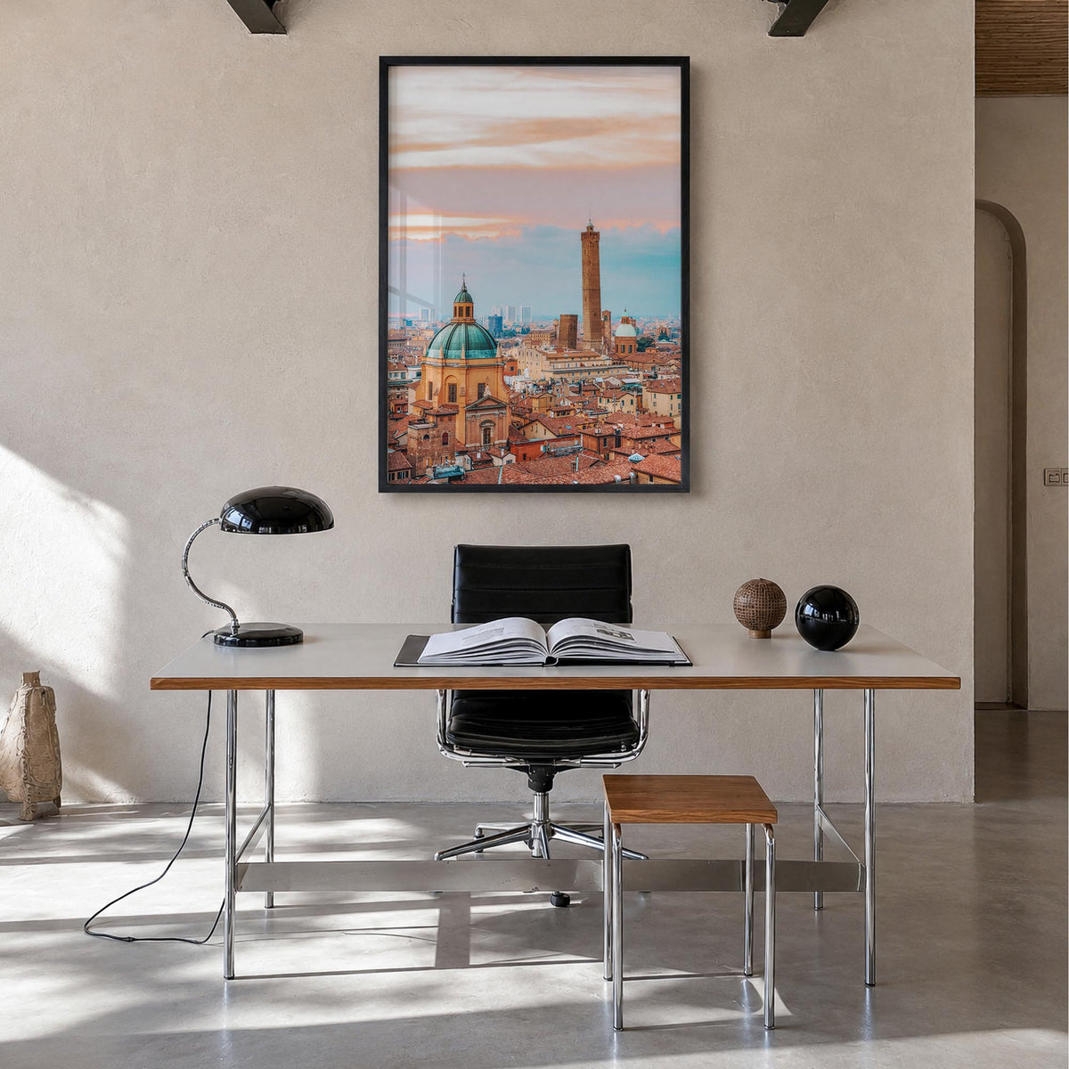 Bologna colorful photo poster of Italy – vertical wall art in black wood frame, hanging on wall