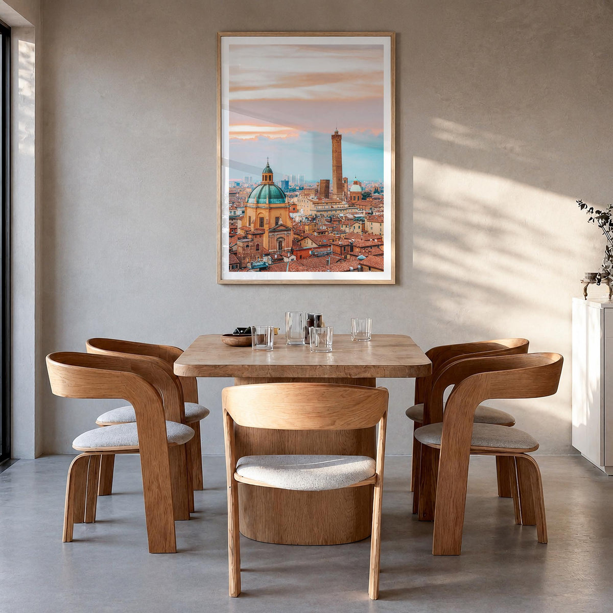 Bologna colorful photo poster of Italy – vertical wall art in natural wood frame with white border, hanging on wall