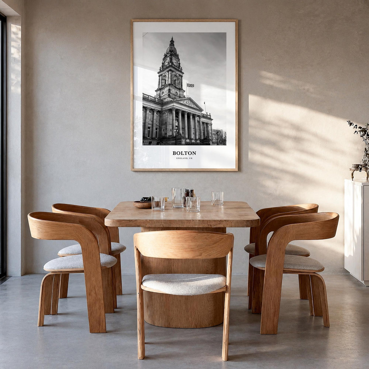 Bolton black & white classic poster of United Kingdom – vertical wall art in natural wood frame, hanging on wall