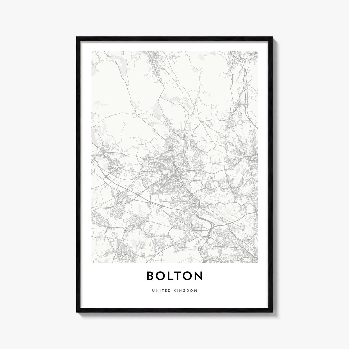 Bolton black & white map poster of United Kingdom – vertical wall art, unframed print shown in interior mockup