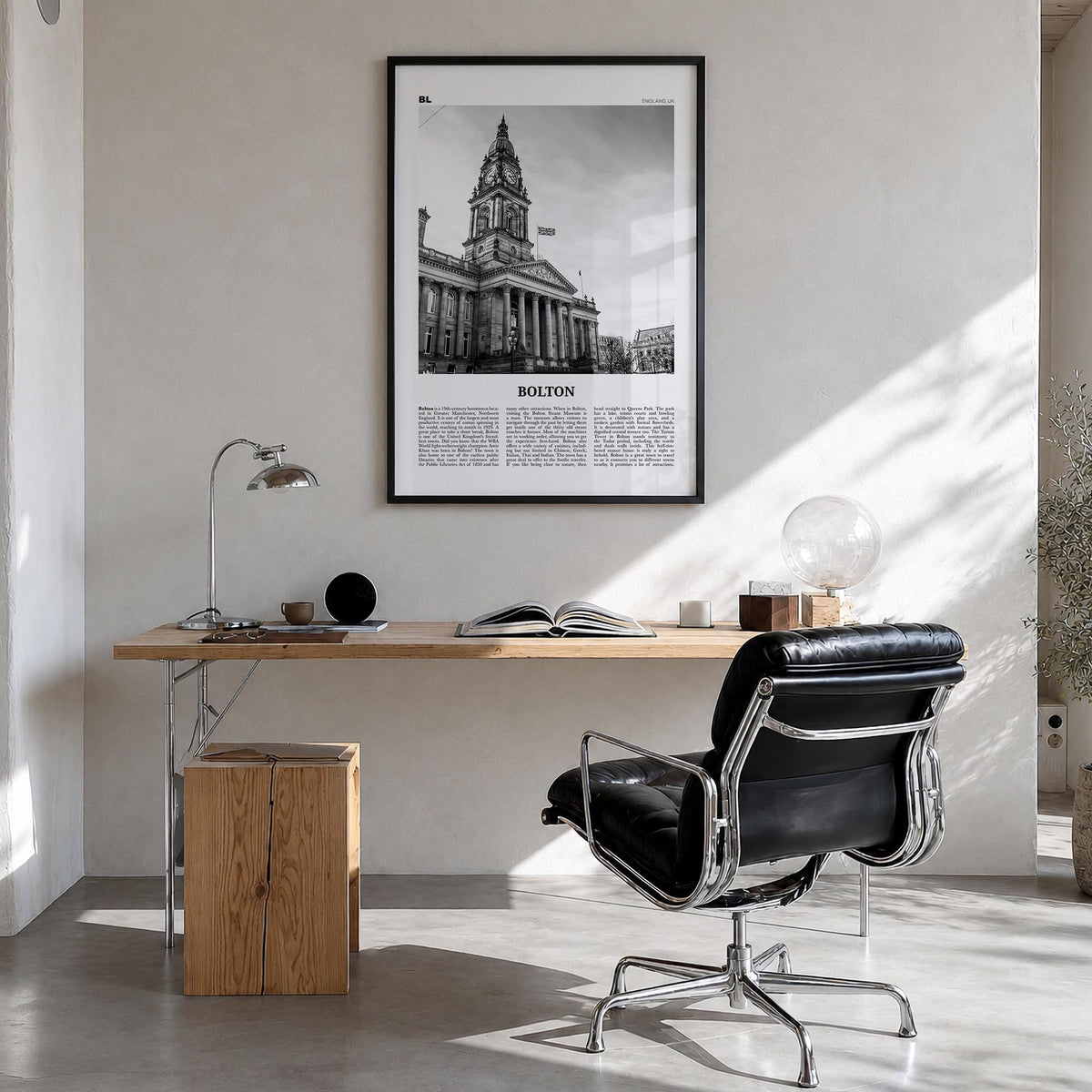 Bolton black & white newspaper poster of United Kingdom – vertical wall art in black wood frame, hanging on wall