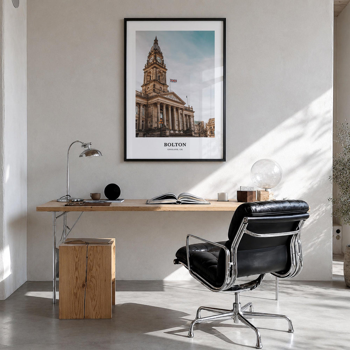 Bolton colorful classic poster of United Kingdom – vertical wall art in black wood frame, hanging on wall