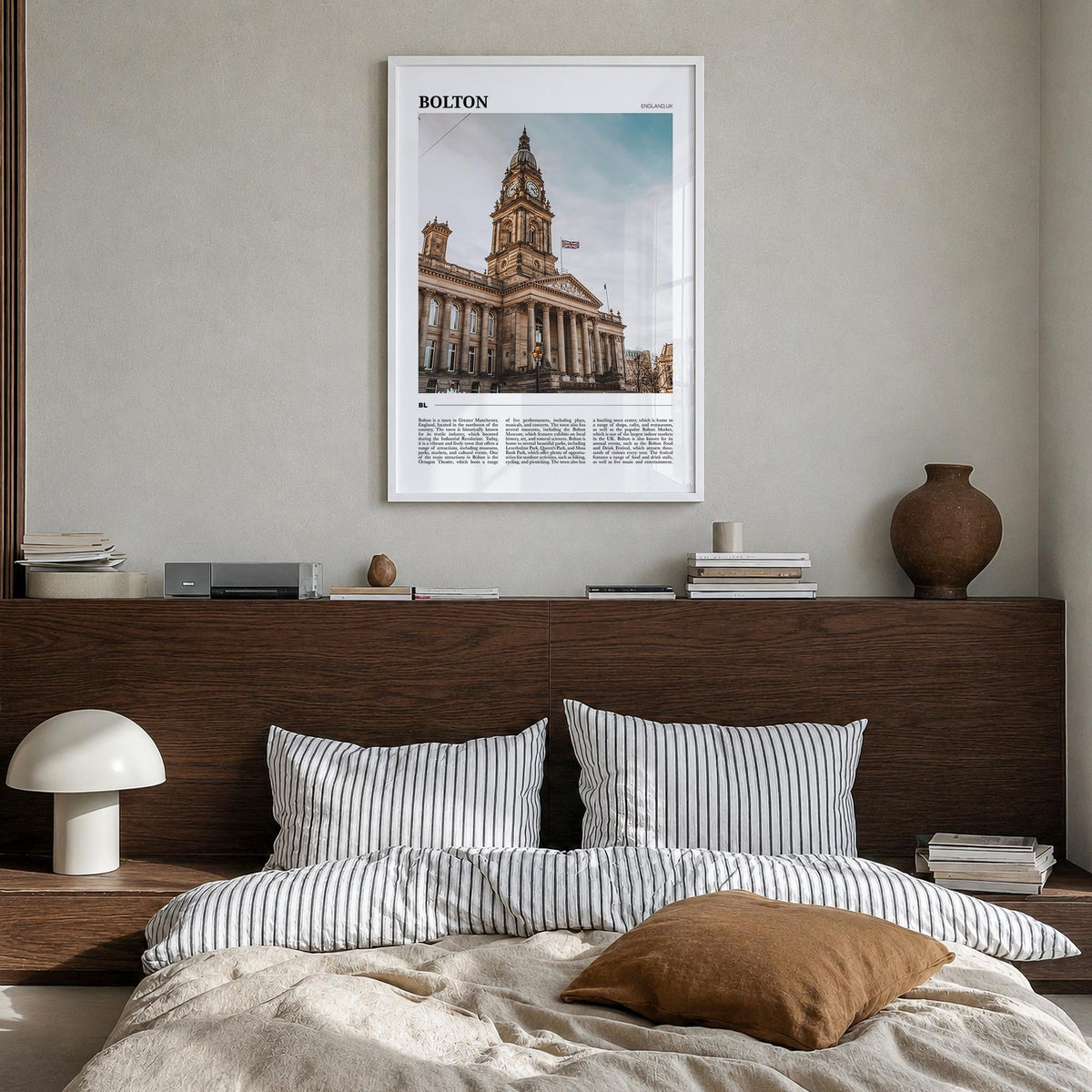 Bolton colorful travel poster of United Kingdom – vertical wall art in white wood frame, hanging on wall