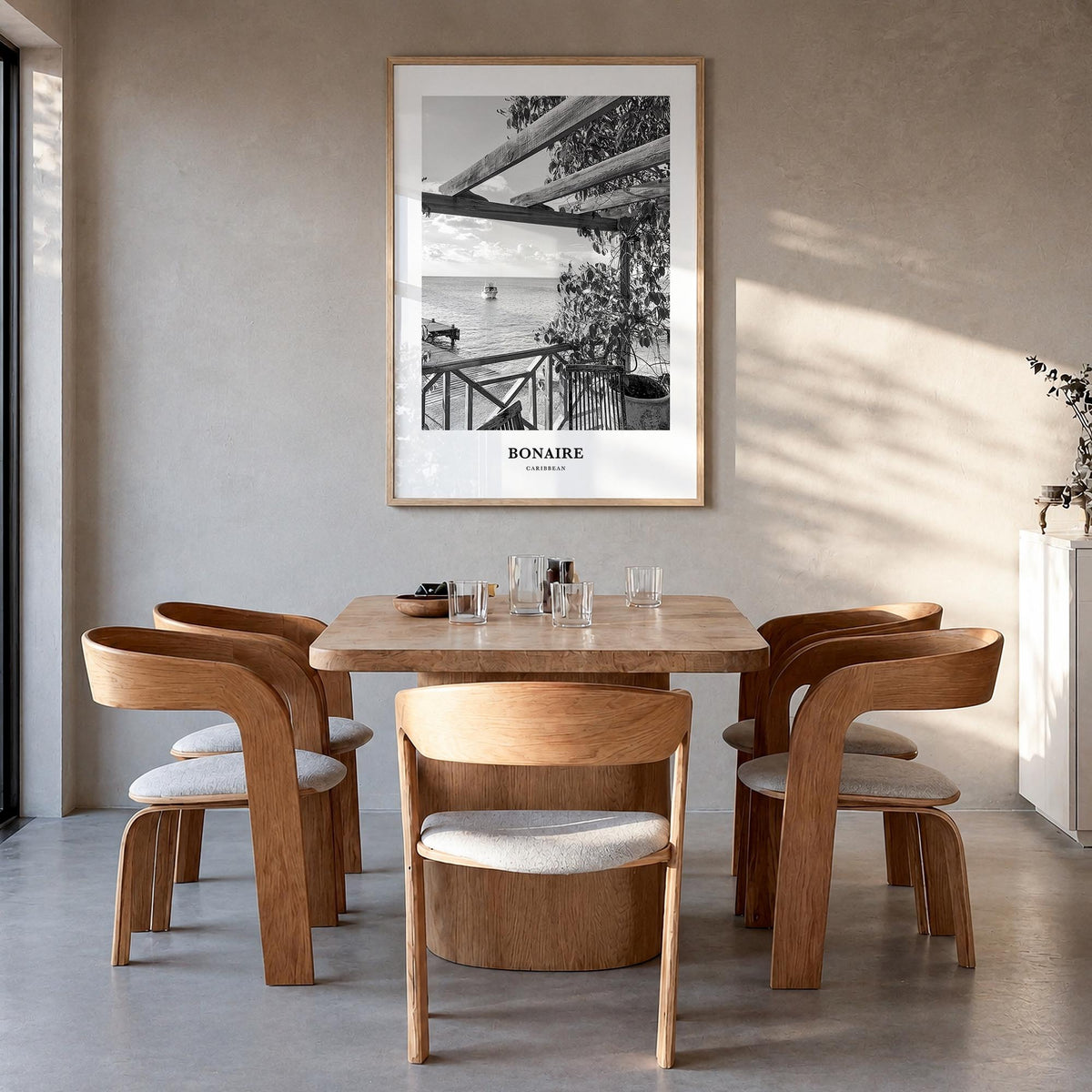 Bonaire black & white classic poster of Caribbean – vertical wall art in natural wood frame, hanging on wall