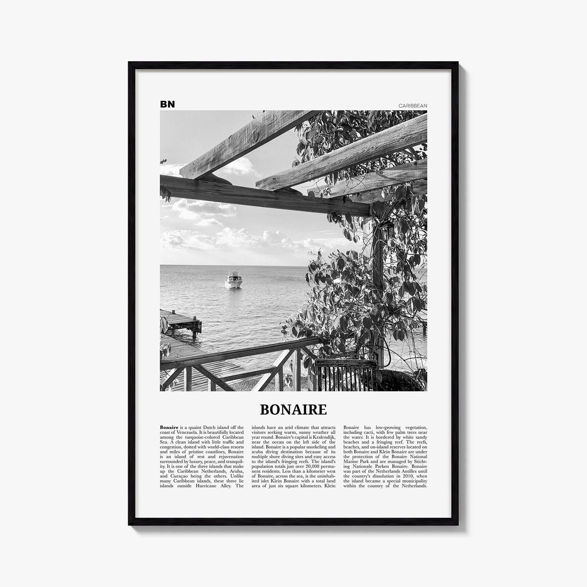 Bonaire black & white newspaper poster of Caribbean – vertical wall art, unframed print shown in interior mockup