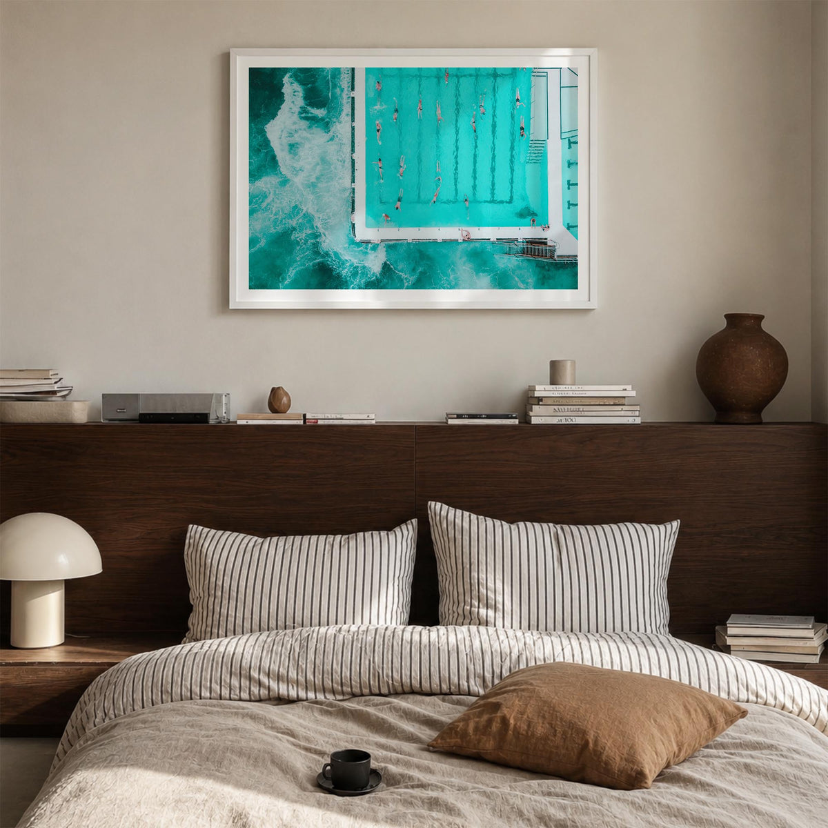 Bondi Beach colorful photo poster of Sydney, New South Wales – horizontal wall art in white wood frame with white border, han