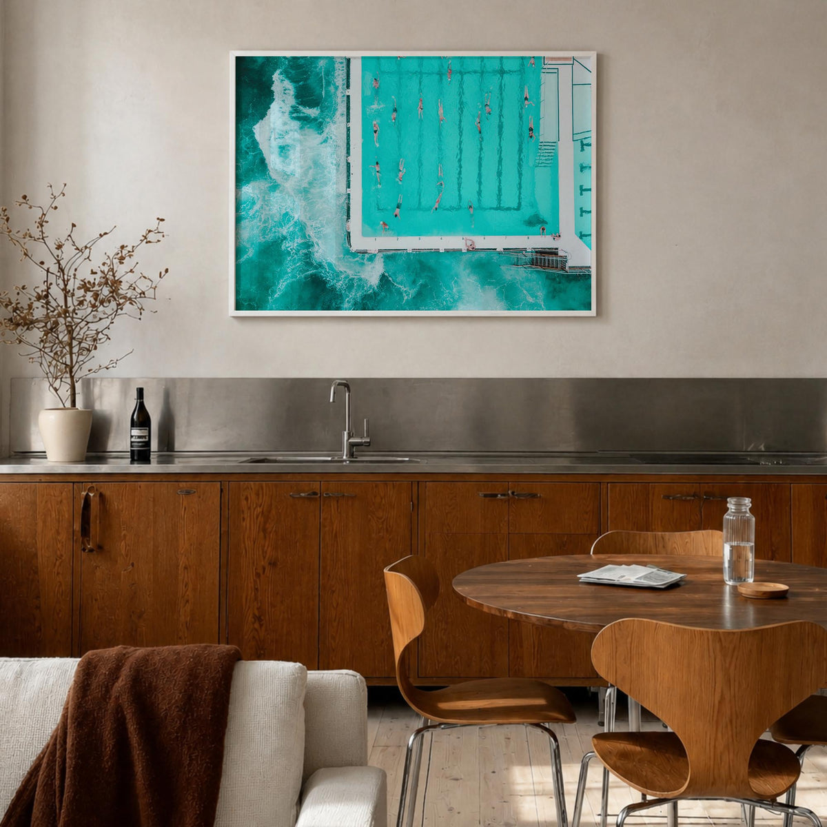Bondi Beach colorful photo poster of Sydney, New South Wales – horizontal wall art in white wood frame, hanging on wall