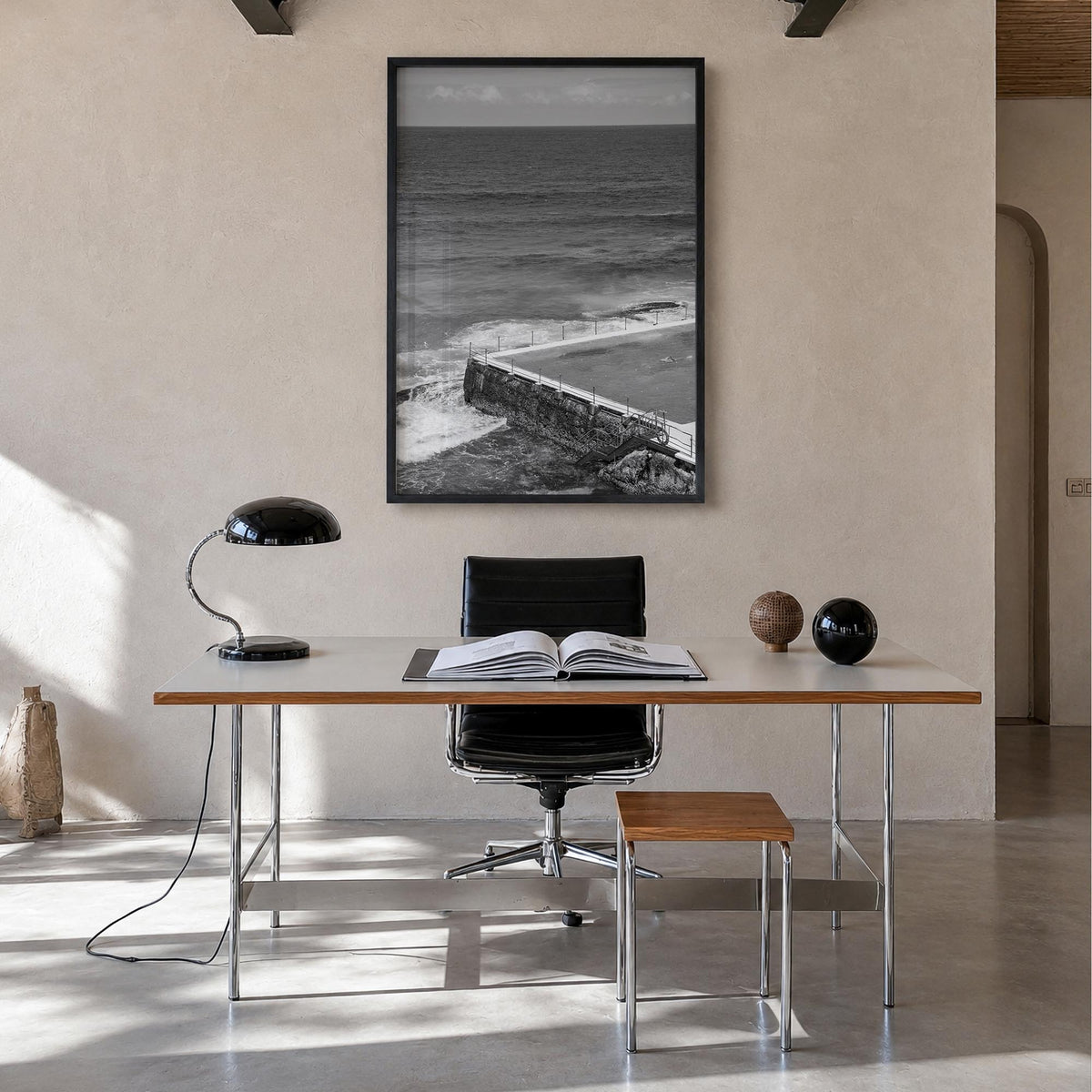 Bondi Beach no. 1 black & white photo poster of Sydney, New South Wales – vertical wall art in black wood frame, hanging on w