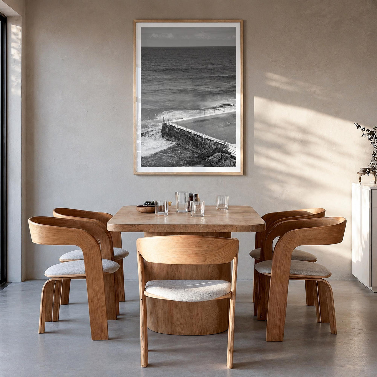 Bondi Beach no. 1 black & white photo poster of Sydney, New South Wales – vertical wall art in natural wood frame with white