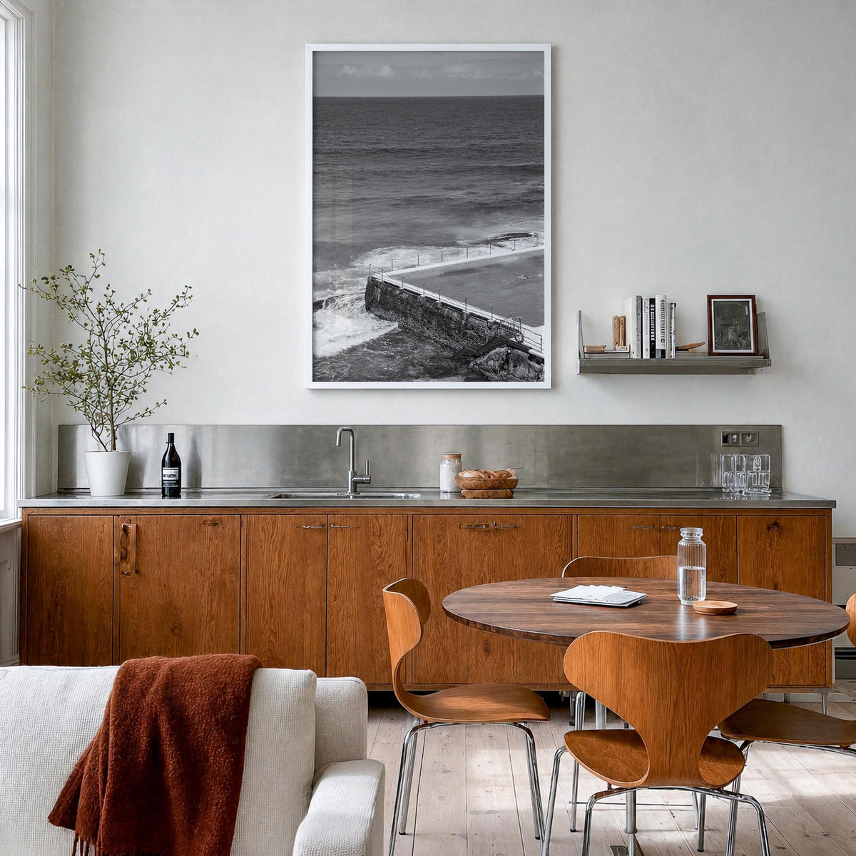 Bondi Beach no. 1 black & white photo poster of Sydney, New South Wales – vertical wall art in white wood frame, hanging on w
