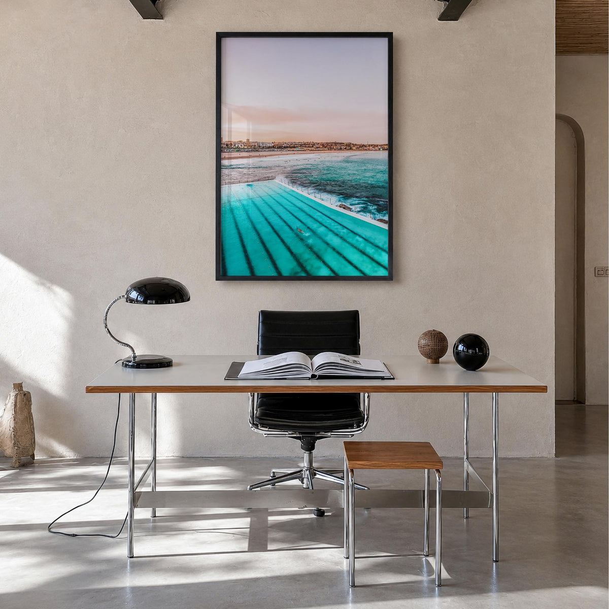 Bondi Beach no. 1 colorful photo poster of Sydney, New South Wales – vertical wall art in black wood frame, hanging on wall