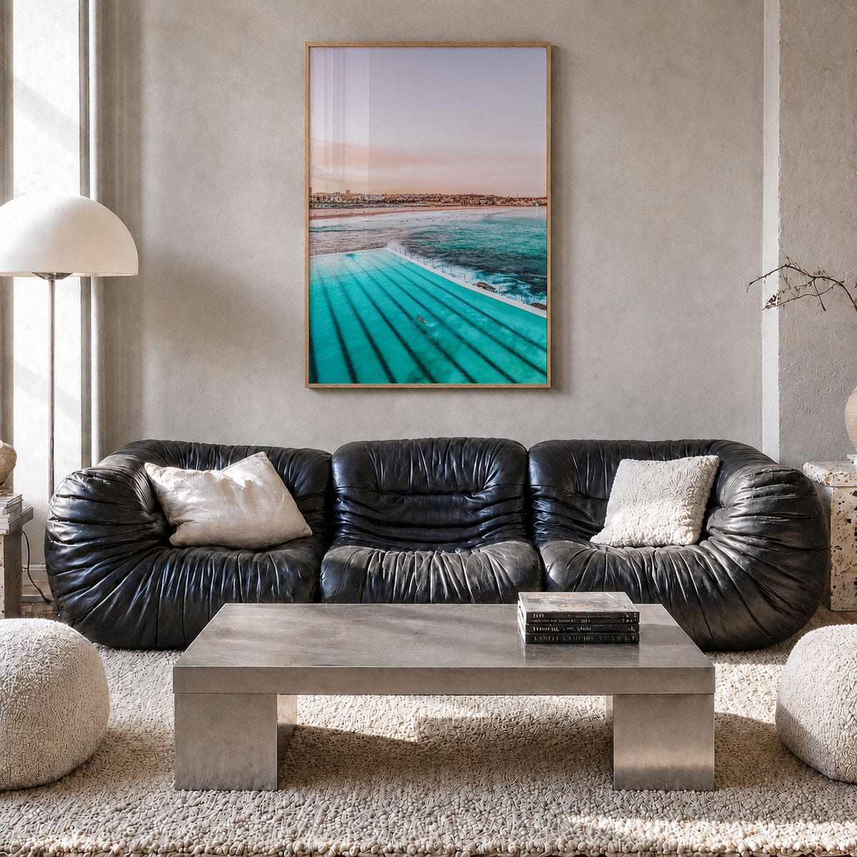 Bondi Beach no. 1 colorful photo poster of Sydney, New South Wales – vertical wall art in natural wood frame, hanging on wall