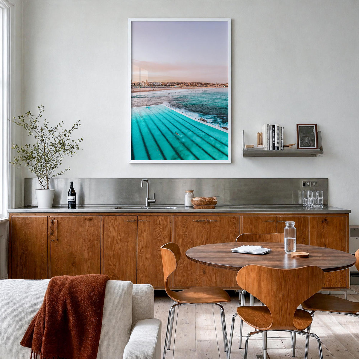 Bondi Beach no. 1 colorful photo poster of Sydney, New South Wales – vertical wall art in white wood frame, hanging on wall