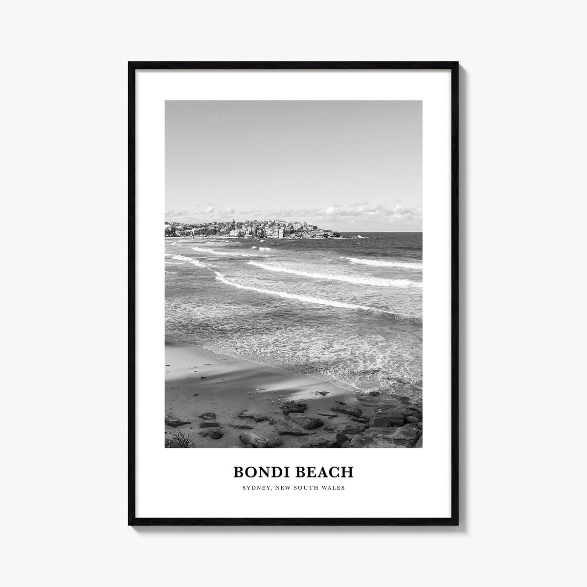 Bondi Beach no. 2 black & white classic poster of Sydney, New South Wales – vertical wall art, unframed print shown in interi