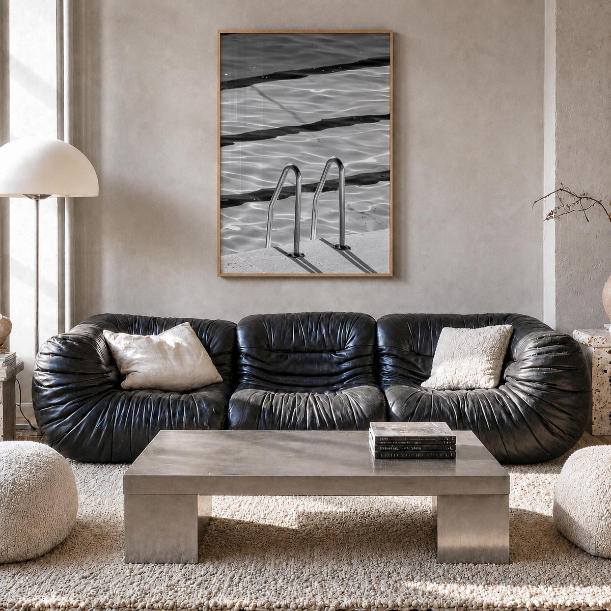 Bondi Beach no. 2 black & white photo poster of Sydney, New South Wales – vertical wall art in natural wood frame, hanging on