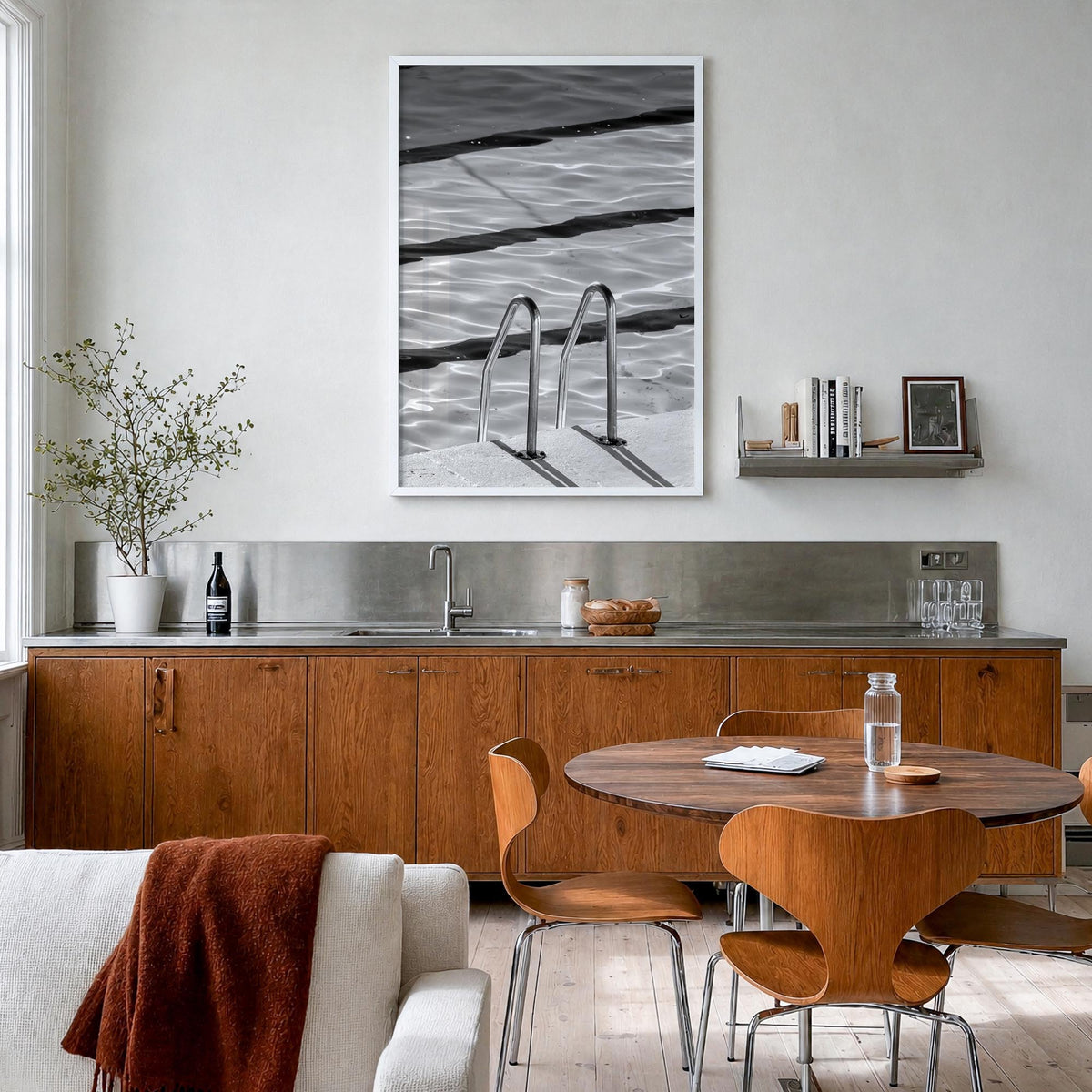 Bondi Beach no. 2 black & white photo poster of Sydney, New South Wales – vertical wall art in white wood frame, hanging on w