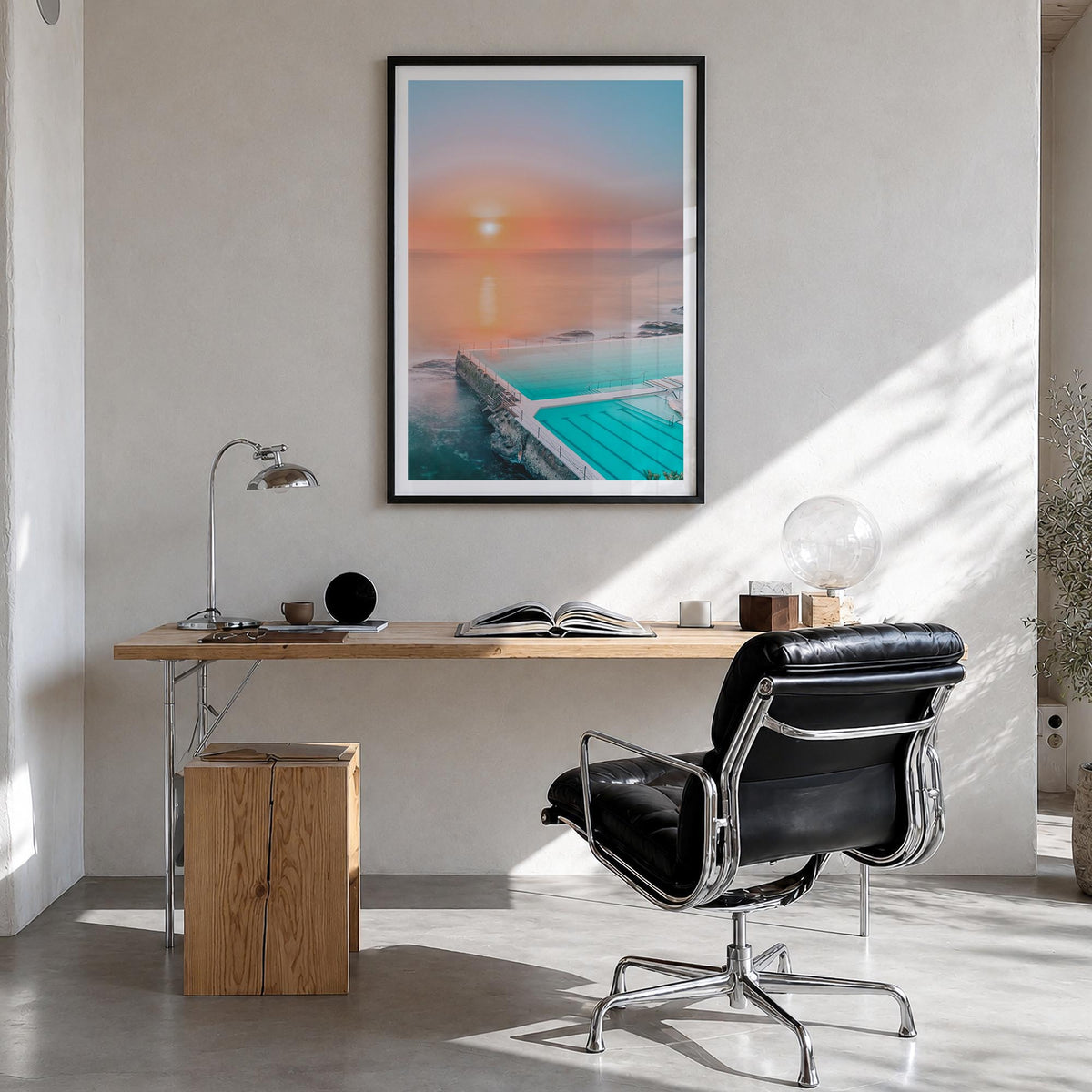 Bondi Beach no. 2 colorful photo poster of Sydney, New South Wales – vertical wall art in black wood frame with white border,